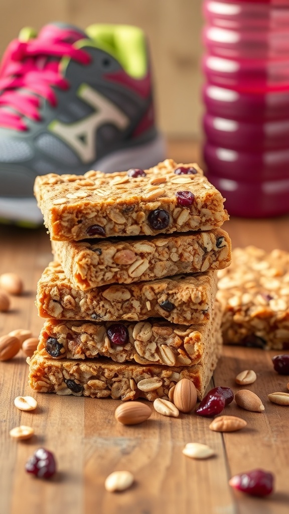 Homemade energy bars made with oats, nuts, and dried fruits, placed on a wooden table with running gear.